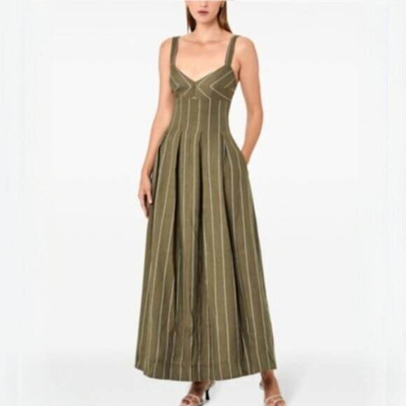 NWT NICHOLAS Selene Seamed Cami Linen Olive & White Striped Maxi Dress - Picture 1 of 16